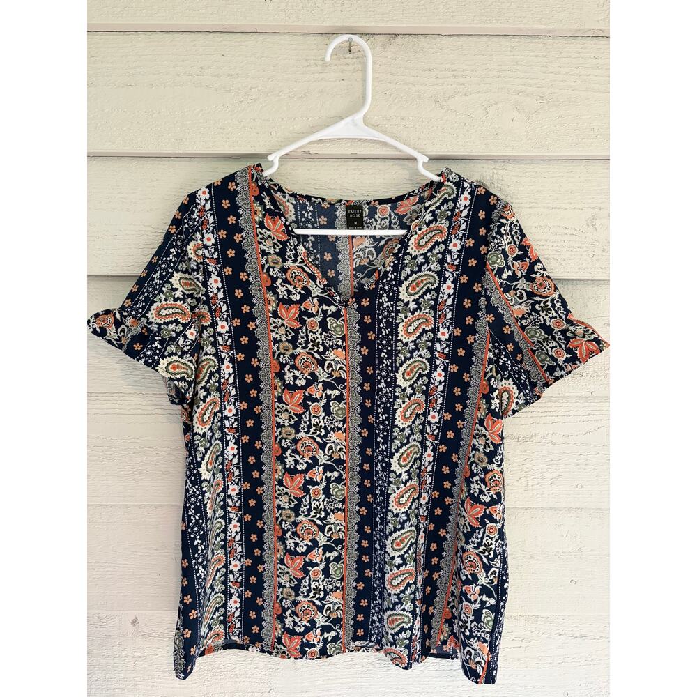 Emery Rose Boho Paisley Floral Short Sleeve Blouse Top Women’s Medium Navy Blue - Picture 2 of 8